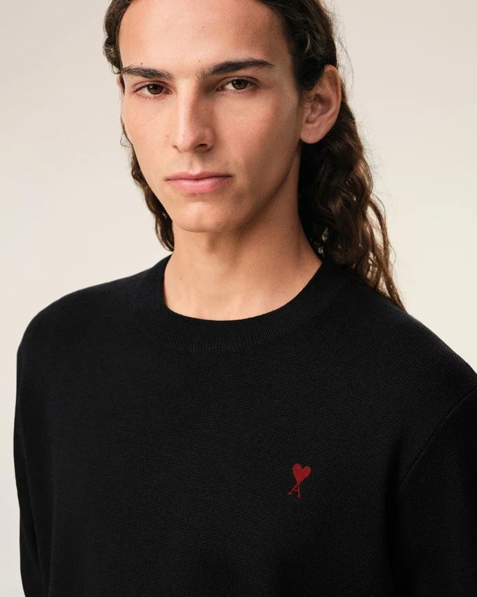 Black Wool Crewneck Sweater with Contrasted Ami De Coeur Black Wool Crewneck Sweater with Contrasted Ami De Coeur