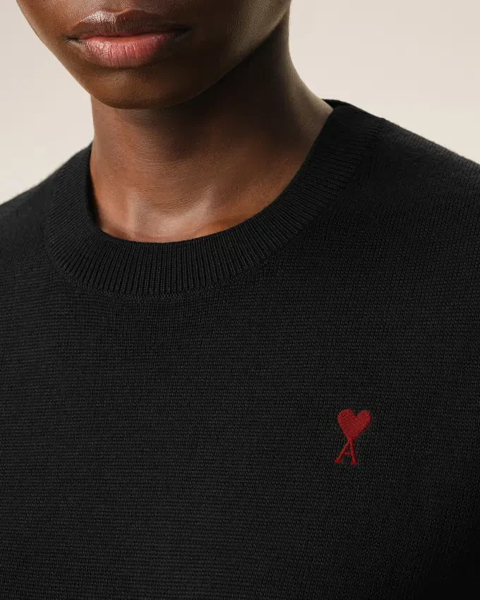 Black Wool Crewneck Sweater with Contrasted Ami De Coeur Black Wool Crewneck Sweater with Contrasted Ami De Coeur