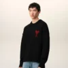 Black Wool Crewneck Sweater with Contrasted Ami De Coeur