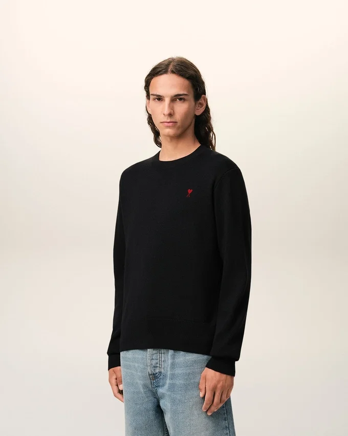 Black Wool Crewneck Sweater with Contrasted Ami De Coeur Black Wool Crewneck Sweater with Contrasted Ami De Coeur