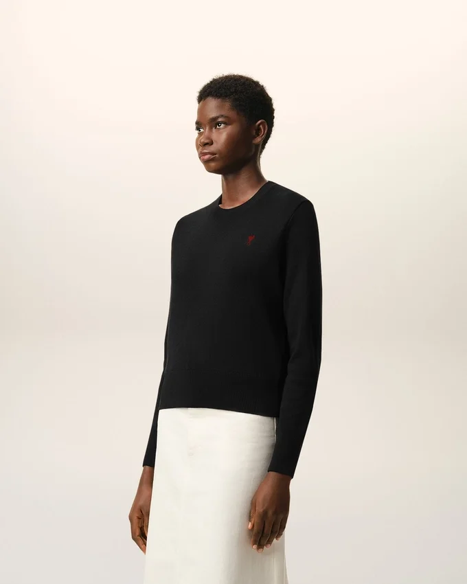Black Wool Crewneck Sweater with Contrasted Ami De Coeur Black Wool Crewneck Sweater with Contrasted Ami De Coeur