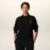 Black Wool Crewneck Sweater with Contrasted Ami De Coeur