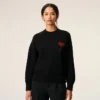 Black Wool Crewneck Sweater with Contrasted Ami De Coeur