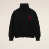 Black Wool Funnel Neck Sweater with Contrasted Ami De Coeur