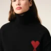 Black Wool Funnel Neck Sweater with Contrasted Ami De Coeur