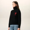 Black Wool Funnel Neck Sweater with Contrasted Ami De Coeur