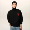 Black Wool Funnel Neck Sweater with Contrasted Ami De Coeur