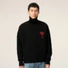 Black Wool Funnel Neck Sweater with Contrasted Ami De Coeur