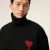 Black Wool Funnel Neck Sweater with Contrasted Ami De Coeur