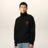 Black Wool Funnel Neck Sweater with Contrasted Ami De Coeur
