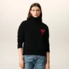 Black Wool Funnel Neck Sweater with Contrasted Ami De Coeur