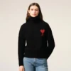 Black Wool Funnel Neck Sweater with Contrasted Ami De Coeur