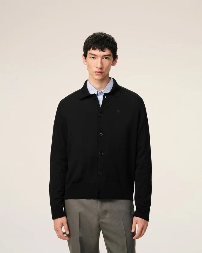 Black Wool Shirt Collar Ami De Coeur Cardigan Black Wool Shirt Collar Ami De Coeur Cardigan