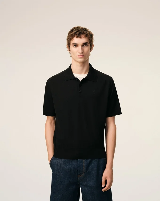 Black Wool Short Sleeves Ami De Coeur Polo Black Wool Short Sleeves Ami De Coeur Polo