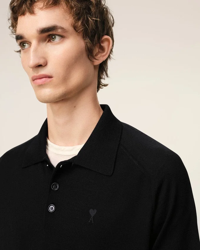 Black Wool Short Sleeves Ami De Coeur Polo Black Wool Short Sleeves Ami De Coeur Polo