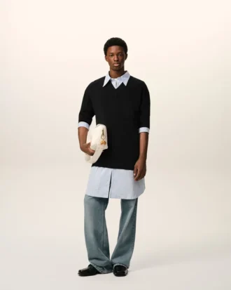 Black Wool Short Sleeves V Neck Sweater