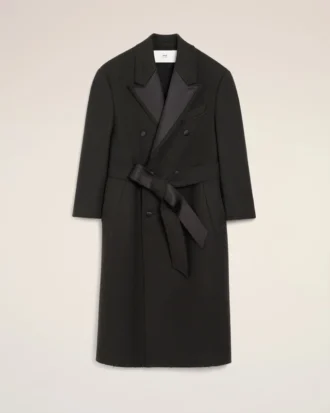 Black Wool Smocking Double Breasted Long Coat