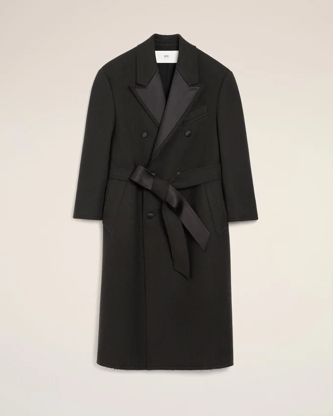 Black Wool Smocking Double Breasted Long Coat Black Wool Smocking Double Breasted Long Coat