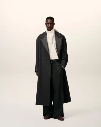 Black Wool Smocking Double Breasted Long Coat