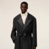 Black Wool Smocking Double Breasted Long Coat Black Wool Smocking Double Breasted Long Coat