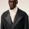 Black Wool Smocking Double Breasted Long Coat Black Wool Smocking Double Breasted Long Coat