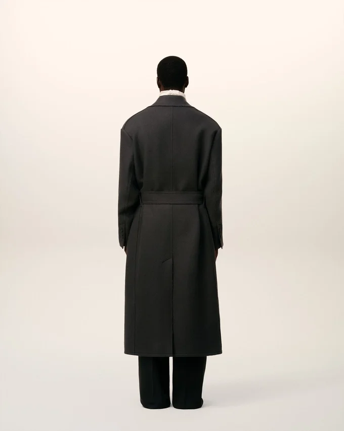 Black Wool Smocking Double Breasted Long Coat Black Wool Smocking Double Breasted Long Coat