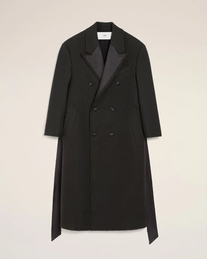 Black Wool Smocking Double Breasted Long Coat Black Wool Smocking Double Breasted Long Coat