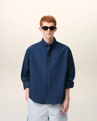 Blue Cotton Boxy Embroidered Ami De Coeur Shirt