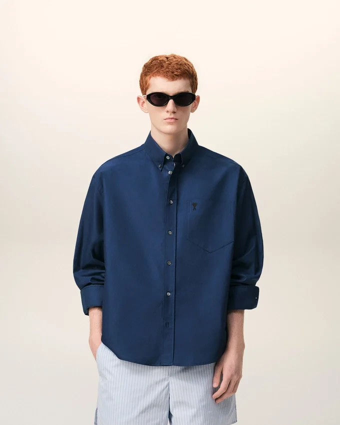 Blue Cotton Boxy Embroidered Ami De Coeur Shirt Blue Cotton Boxy Embroidered Ami De Coeur Shirt