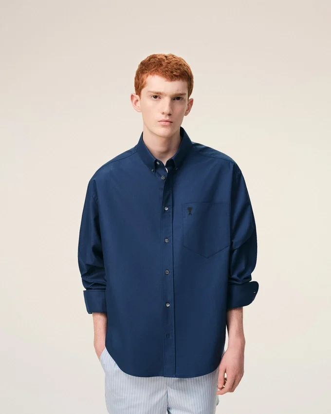 Blue Cotton Boxy Embroidered Ami De Coeur Shirt Blue Cotton Boxy Embroidered Ami De Coeur Shirt