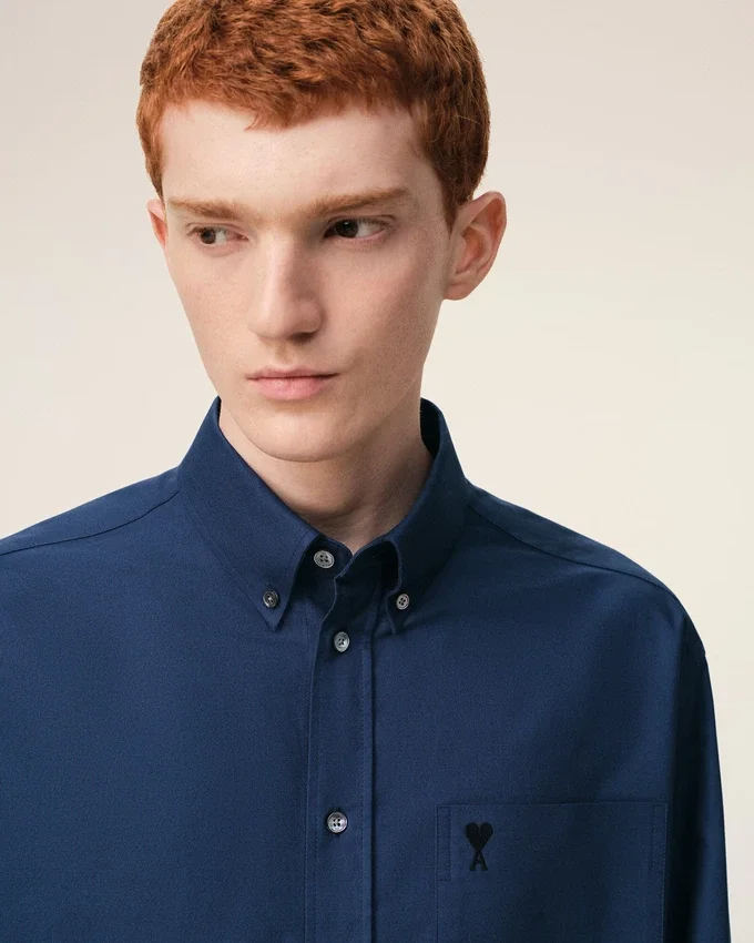 Blue Cotton Boxy Embroidered Ami De Coeur Shirt Blue Cotton Boxy Embroidered Ami De Coeur Shirt