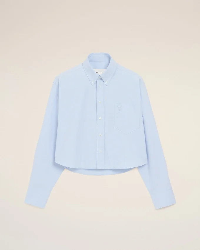 Blue Cotton Cropped Embossed Ami De Coeur Shirt Blue Cotton Cropped Embossed Ami De Coeur Shirt