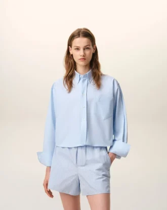 Blue Cotton Cropped Embossed Ami De Coeur Shirt