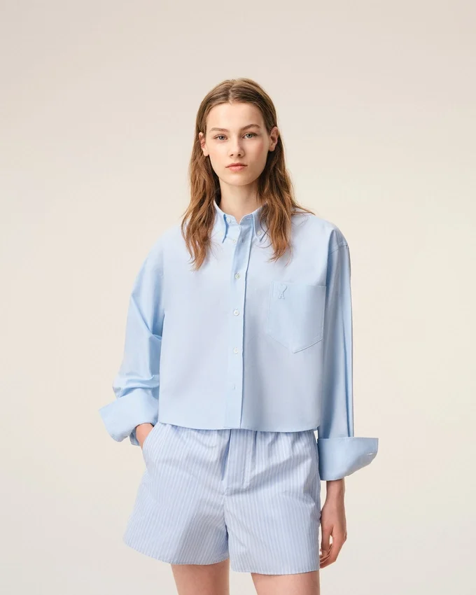 Blue Cotton Cropped Embossed Ami De Coeur Shirt Blue Cotton Cropped Embossed Ami De Coeur Shirt