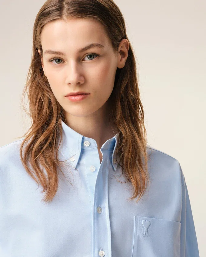 Blue Cotton Cropped Embossed Ami De Coeur Shirt Blue Cotton Cropped Embossed Ami De Coeur Shirt