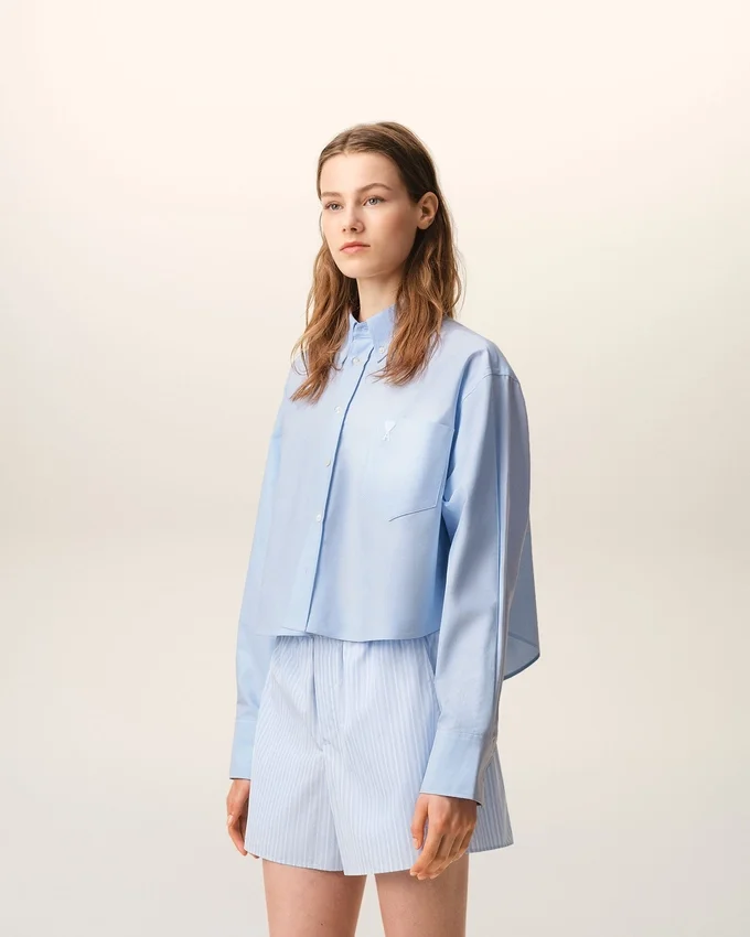 Blue Cotton Cropped Embossed Ami De Coeur Shirt Blue Cotton Cropped Embossed Ami De Coeur Shirt