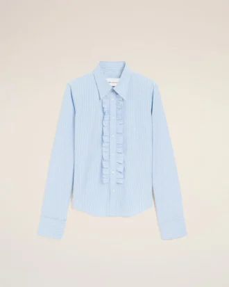 Blue Cotton Long Sleeve Ruffled Adjusted Shirt