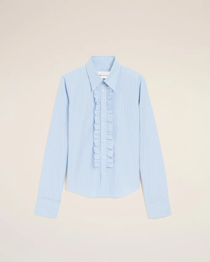 Blue Cotton Long Sleeve Ruffled Adjusted Shirt Blue Cotton Long Sleeve Ruffled Adjusted Shirt