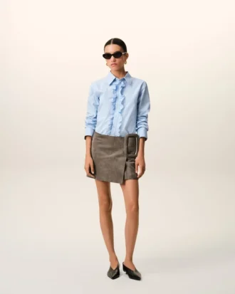 Blue Cotton Long Sleeve Ruffled Adjusted Shirt