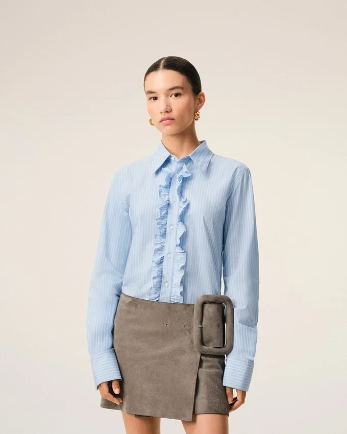 Blue Cotton Long Sleeve Ruffled Adjusted Shirt Blue Cotton Long Sleeve Ruffled Adjusted Shirt