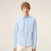 Blue Cotton Long Sleeve Ruffled Adjusted Shirt Blue Cotton Long Sleeve Ruffled Adjusted Shirt