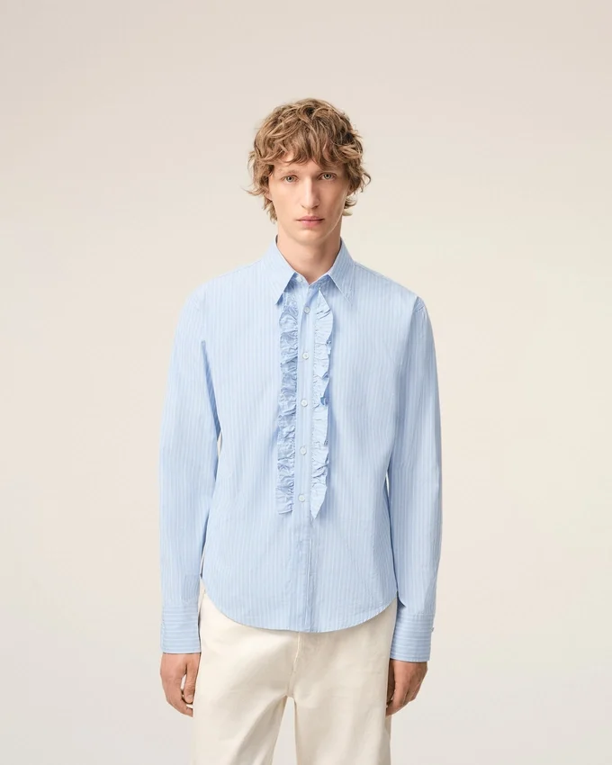 Blue Cotton Long Sleeve Ruffled Adjusted Shirt Blue Cotton Long Sleeve Ruffled Adjusted Shirt