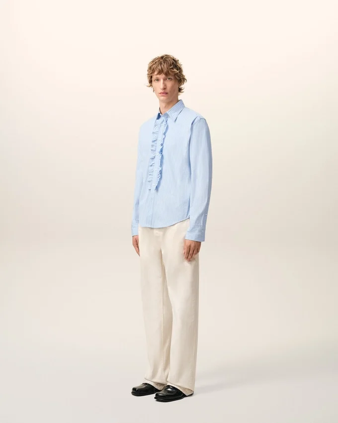 Blue Cotton Long Sleeve Ruffled Adjusted Shirt Blue Cotton Long Sleeve Ruffled Adjusted Shirt