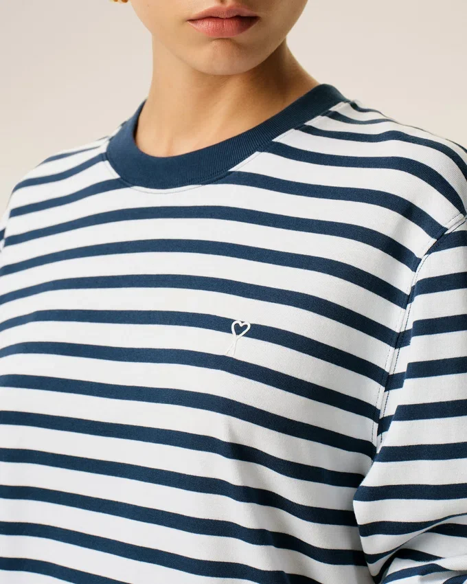 Blue Cotton Long Sleeves Mariniere Ami De Coeur T-Shirt Blue Cotton Long Sleeves Mariniere Ami De Coeur T-Shirt