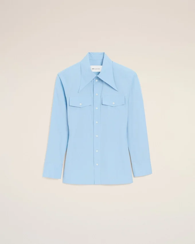 Blue Cotton Sharp Collar Fitted Shirt Blue Cotton Sharp Collar Fitted Shirt