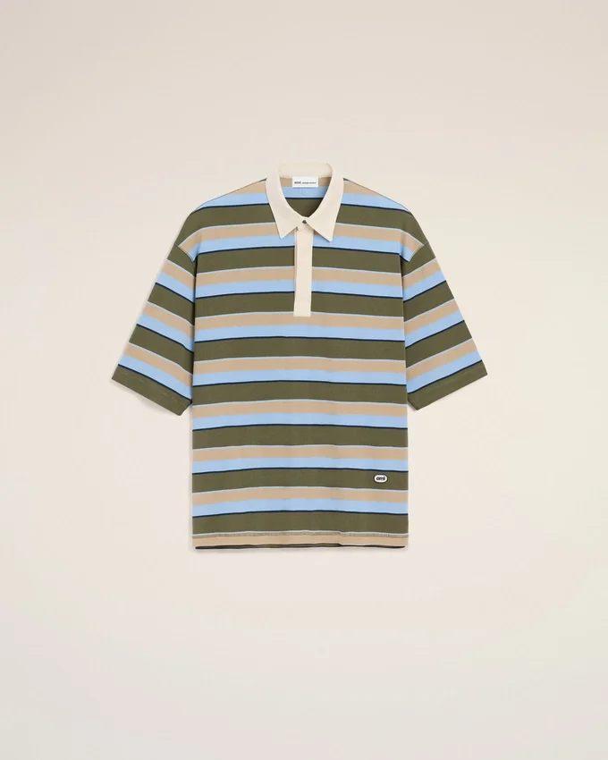 Blue Striped Cotton Ami Patch Polo Blue Striped Cotton Ami Patch Polo