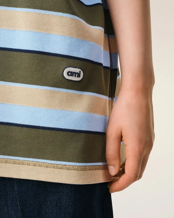 Blue Striped Cotton Ami Patch Polo Blue Striped Cotton Ami Patch Polo
