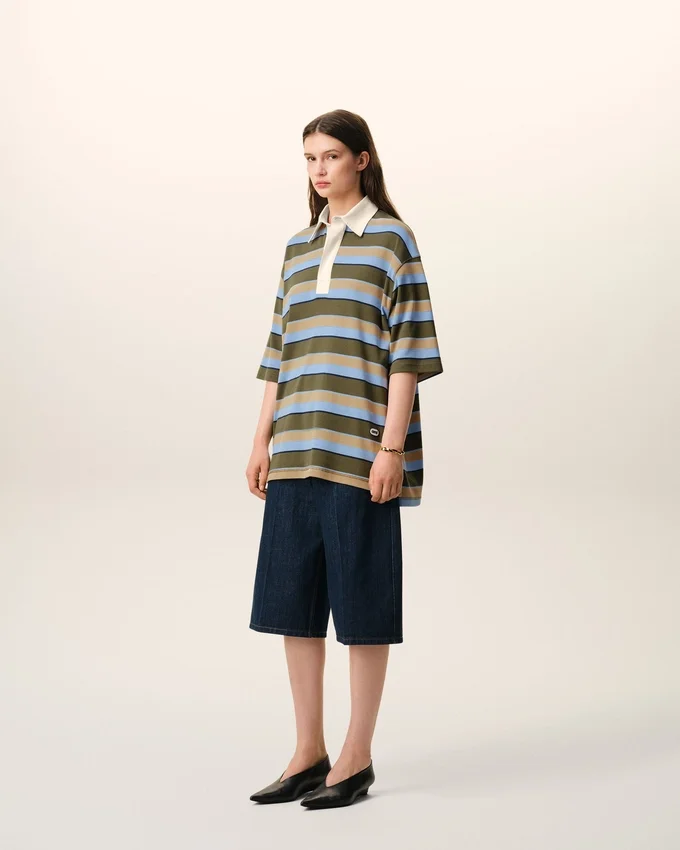 Blue Striped Cotton Ami Patch Polo Blue Striped Cotton Ami Patch Polo