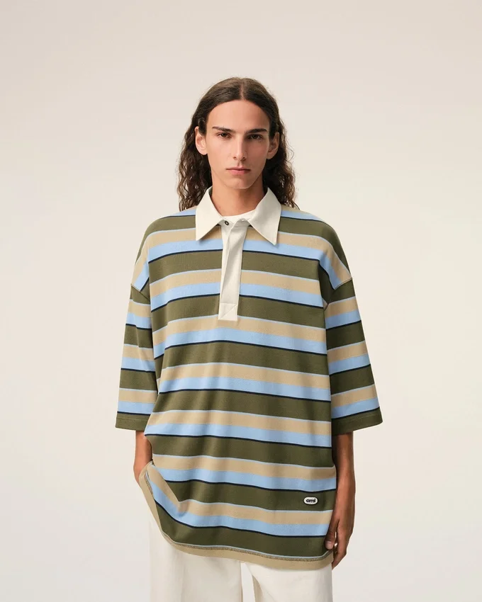 Blue Striped Cotton Ami Patch Polo Blue Striped Cotton Ami Patch Polo