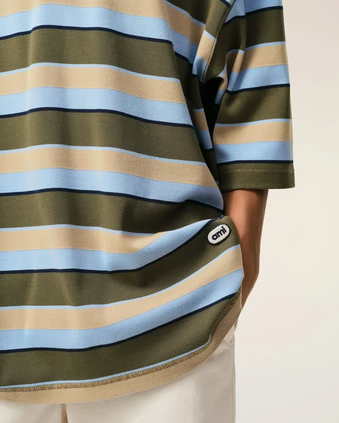 Blue Striped Cotton Ami Patch Polo Blue Striped Cotton Ami Patch Polo